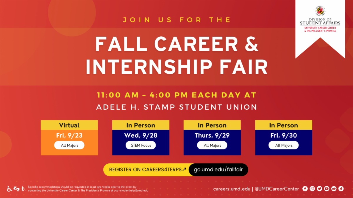 Red graphic with white, bold text reading "Fall Career & Internship Fair" with details about the fair.
