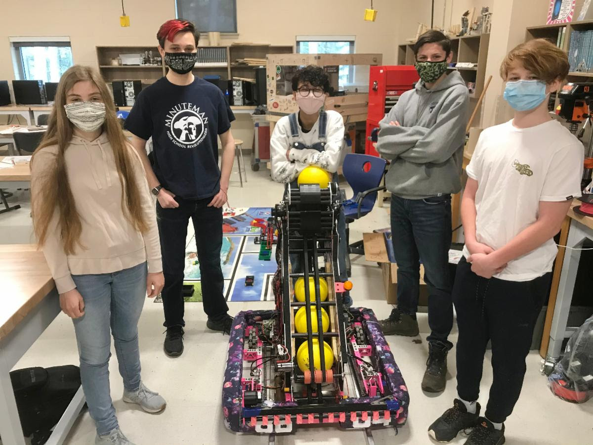 Pictured from left to right are: Alexis Farrow, grade 9, of Needham; Gabriel Herbertz, grade 12, of Stow; River Araujo, grade 9, of Acton; Caleb Baumritter, grade 9, of Acton; and Tucker Mast, grade 9, of Stow.