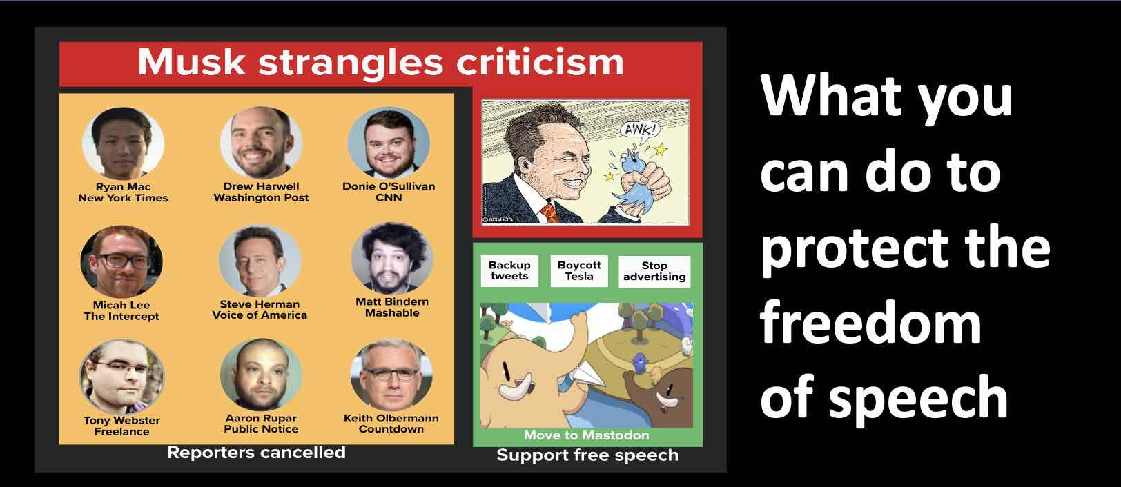 Musk cancels reporters from Twitter for criticizing him. This is what you can do to protect freedom of speech.