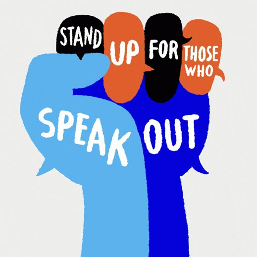 Poster art image of a raised fist in blue, red, and black, with white letters reading 'Stand Up For Those Who Speak Out'