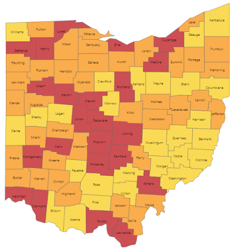 Health Advisory Level Map of Ohio as of July 30, 2020