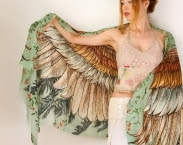 Cotton Green Women scarf, Hand painted Wings and feathers, stunning unique and useful, perfect gift