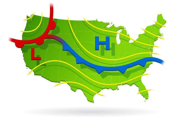 Un mapa meteorológico ilustrado de los EE. UU. Que muestra áreas de alta y baja presión