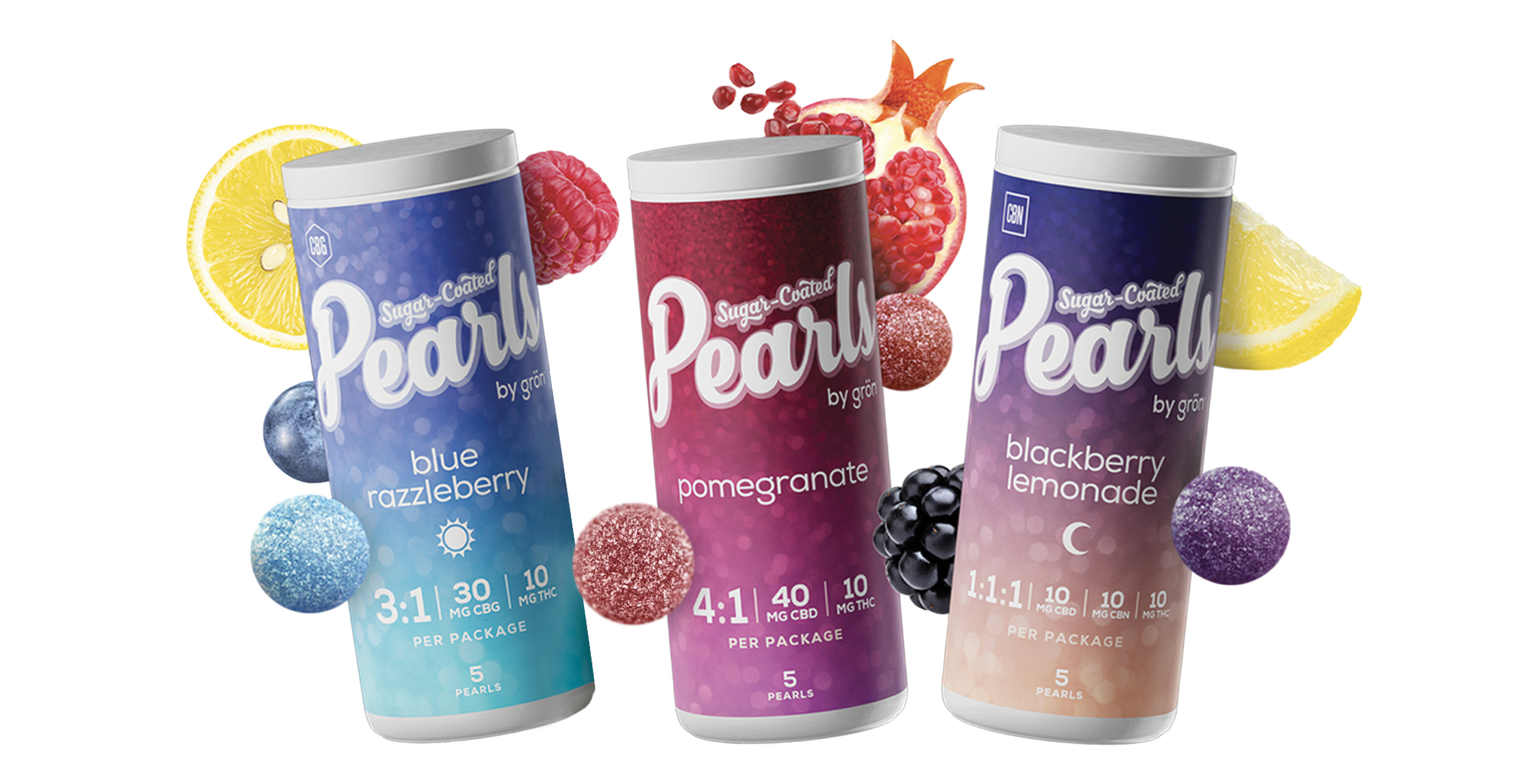 Pearls beauty packaging with floating gummy orbs and juicy fruits all around. Sugar-Coated Pearls by grn logo and tagline "Four great flavours. Four unique experience. One sweet selection".