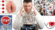 a doctor looking into a crystal ball filled with people and DNA surrounded by babys feet and bloodspots, a crowd, a stop sign for cancer and a heart