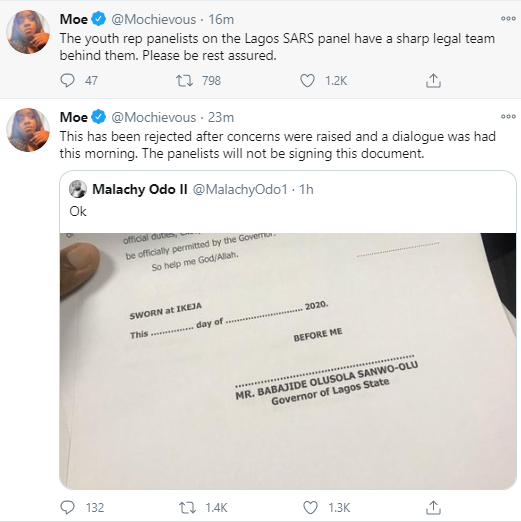 "We want an open panel" Nigerians say as youth representatives on the Lagos judicial panel of enquiry on police brutality are asked to sign oath of secrecy