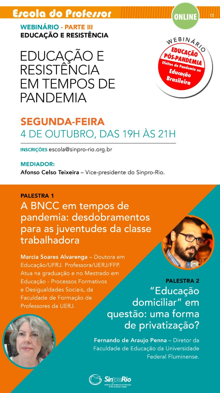Palestra: “Educação e Resistência em tempos de Pandemia” – 04/10, às 19h