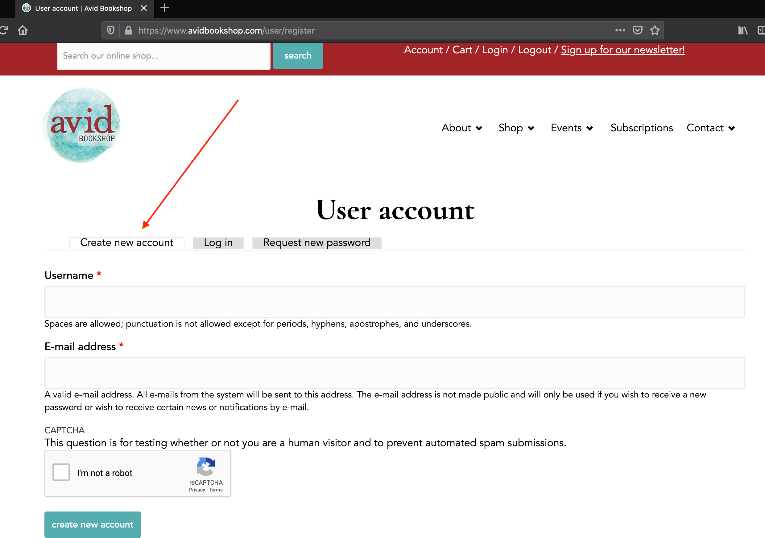 A screenshot of our website pointing to the "Create new account" tab