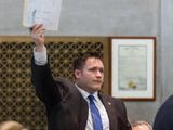 Rep. Micah Van Huss, R-Jonesborough, gestures during a House floor session in Nashville, Tenn., Monday, April 14, 2014. (AP Photo/Erik Schelzig) **FILE**