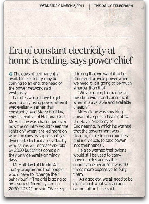 Flashback 2011: ‘Era of Constant Electricity at Home is Ending, says UK power chief’ — ‘Families would have to get used to only using power when it was available’