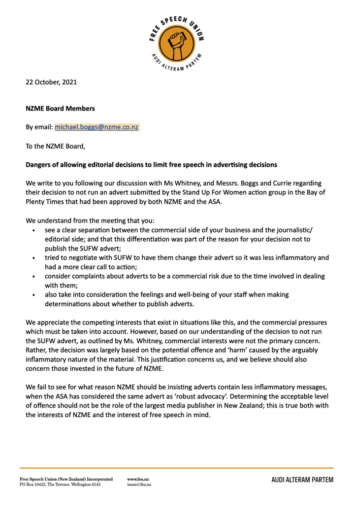Letter to NZME Board 