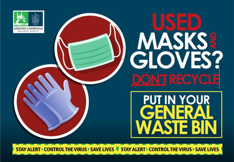 South Cambs poster with pictures of disposable masks and gloves