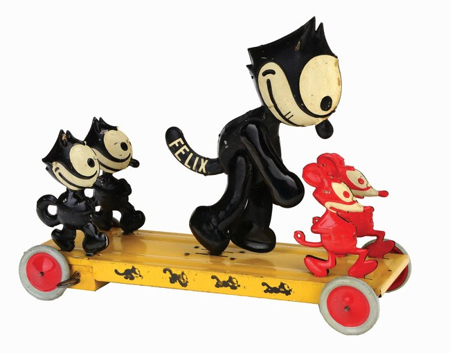 Large (14in long x 11in high) and very rare J. Chein 'Felix Frolic' toy with central Felix figure, two smaller Felix figures, and two red mice. Circa 1926. One of only four known examples. Ex Jeff Landes collection. Estimate $20,000-$40,000