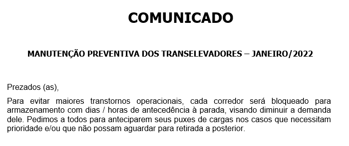 COMUNICADO MANUTENÇÃO PREVENTIVA