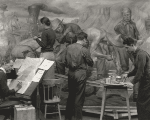 Edward Laning and assistants working on his mural project at Ellis Island