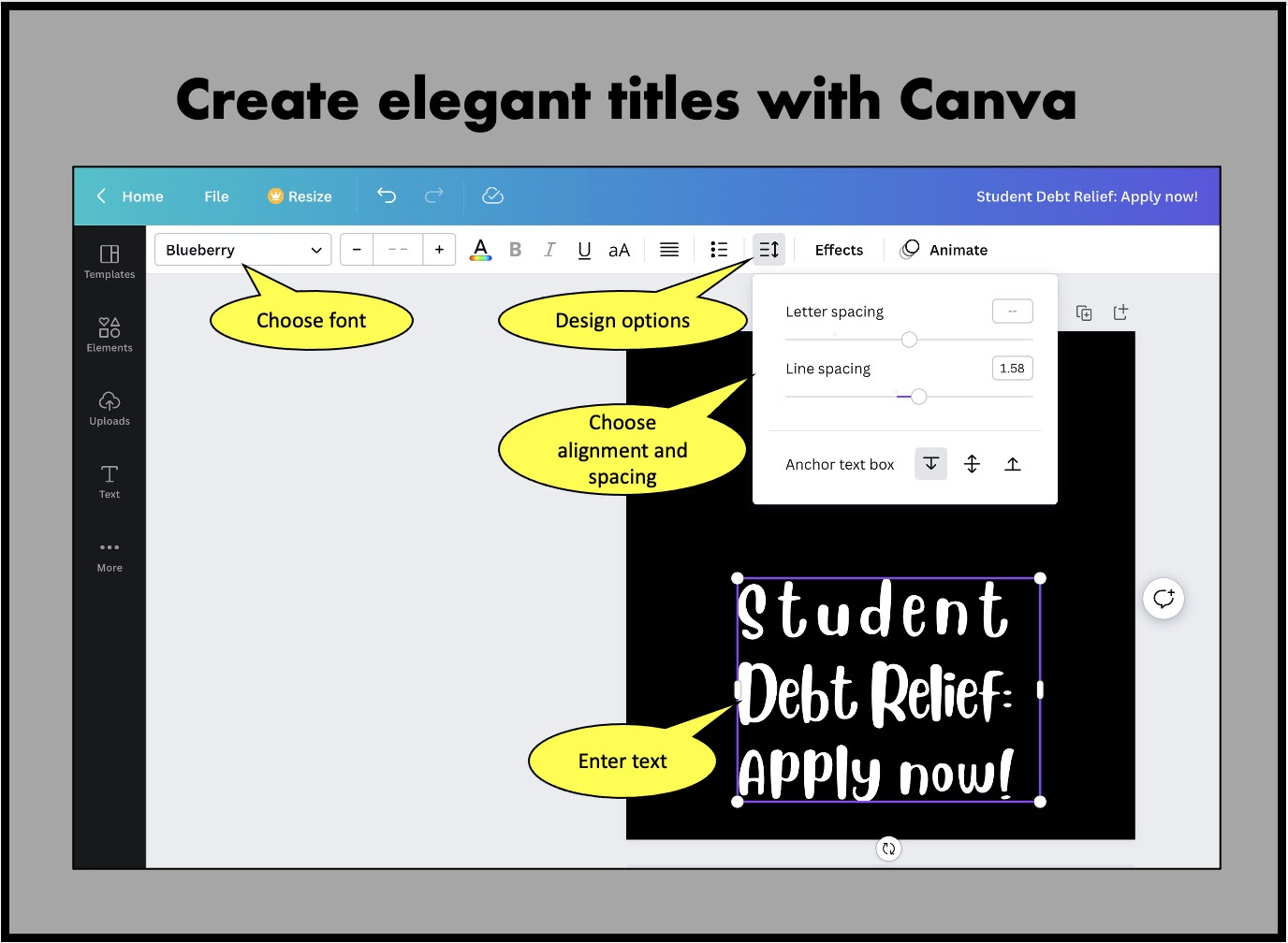 Create elegant titles and documents with Canva.