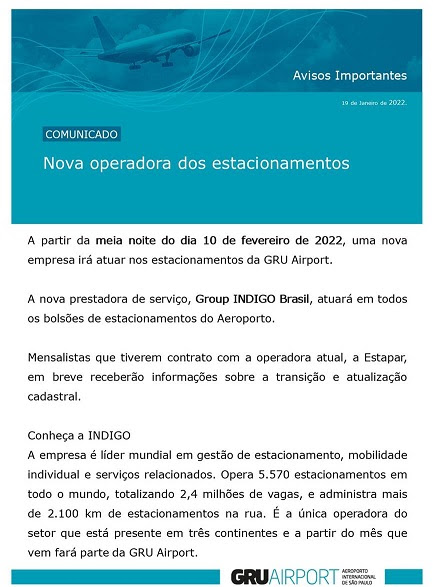 Comunicado Nova Operadora dos Estacionamentos