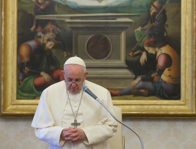 Pope Francis during his weekly General Audience at the Apostolic Palace on April 22, 2020.