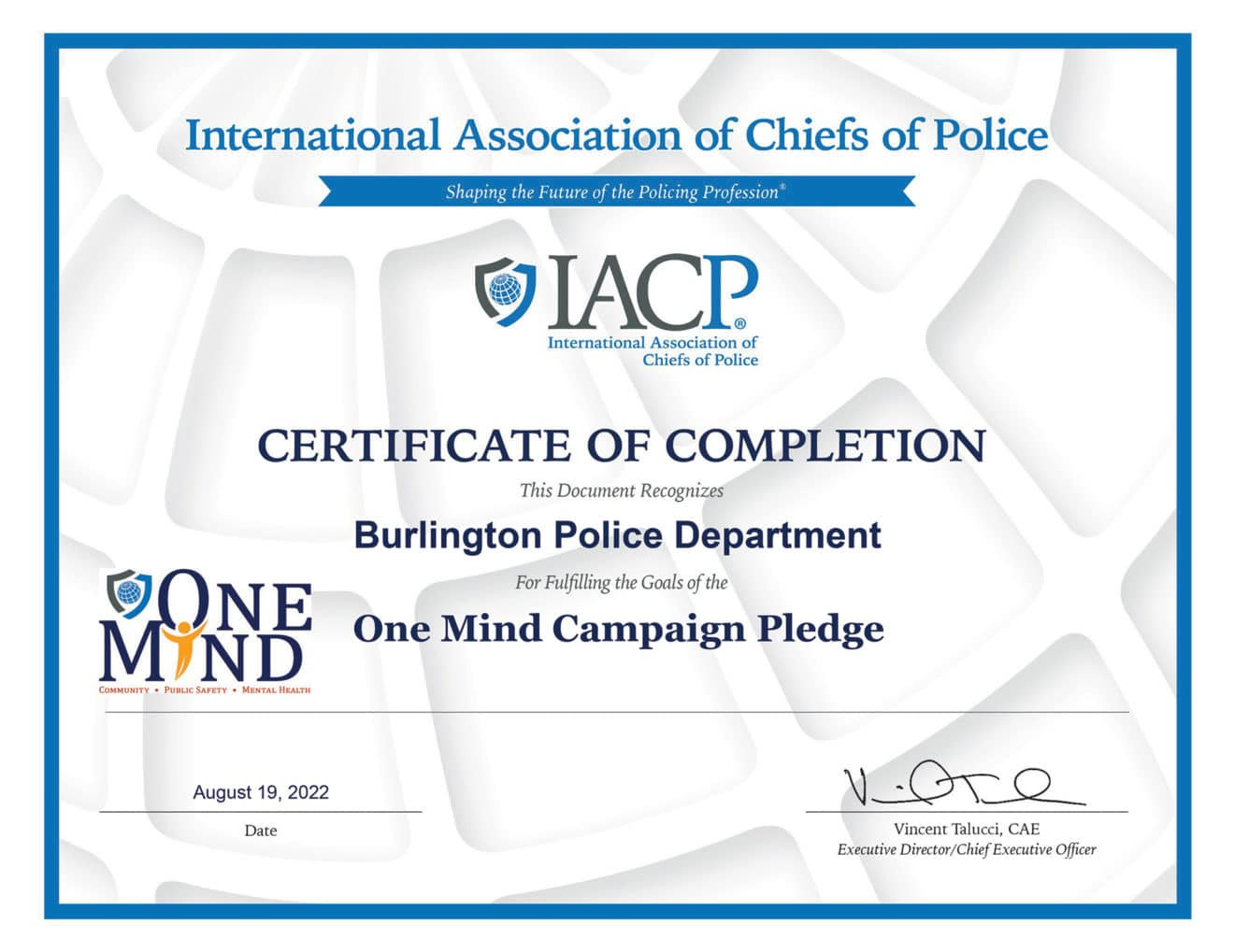 One Mind Campaign Completion Certificate