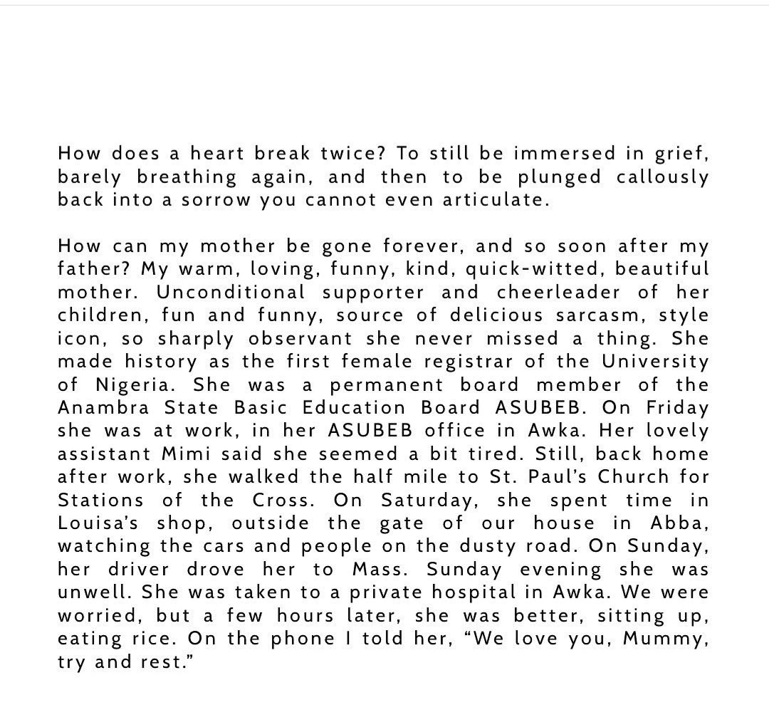 "How does a heart break twice?" Chimamanda Adichie mourns as she narrates how her mum died 8 months after her dad