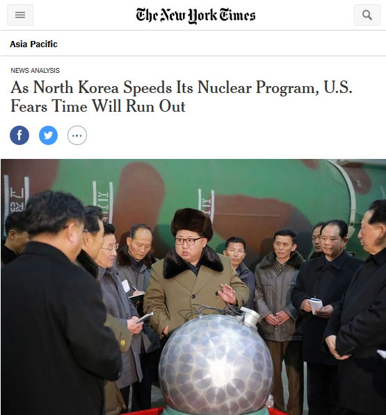 New York Times: As North Korea Speeds Its Nuclear Program, U.S. Fears Time Will Run Out