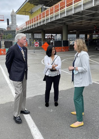 Photo of Roger Millar, Pramila Jayapal and Patty Rubstello at Colman DOck in Seattle