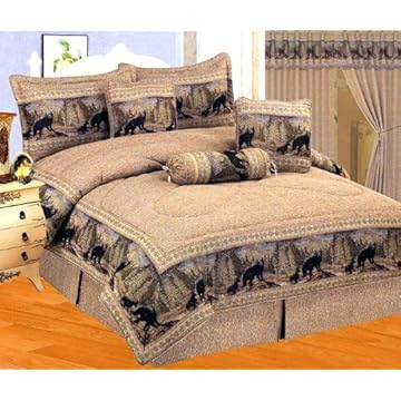 7 Pieces Light Brown Jacquard Wild BEAR Comforter Set Cabin Bed-in-a-bag Queen Size Bedding
