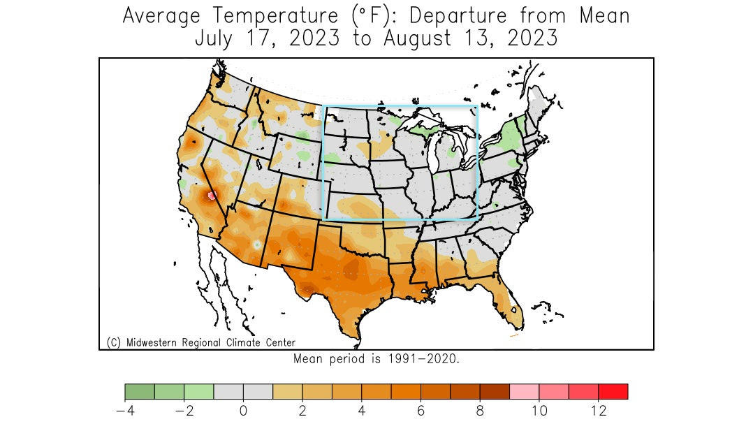 temperature map showing departure from the mean for July 17-August 13. 