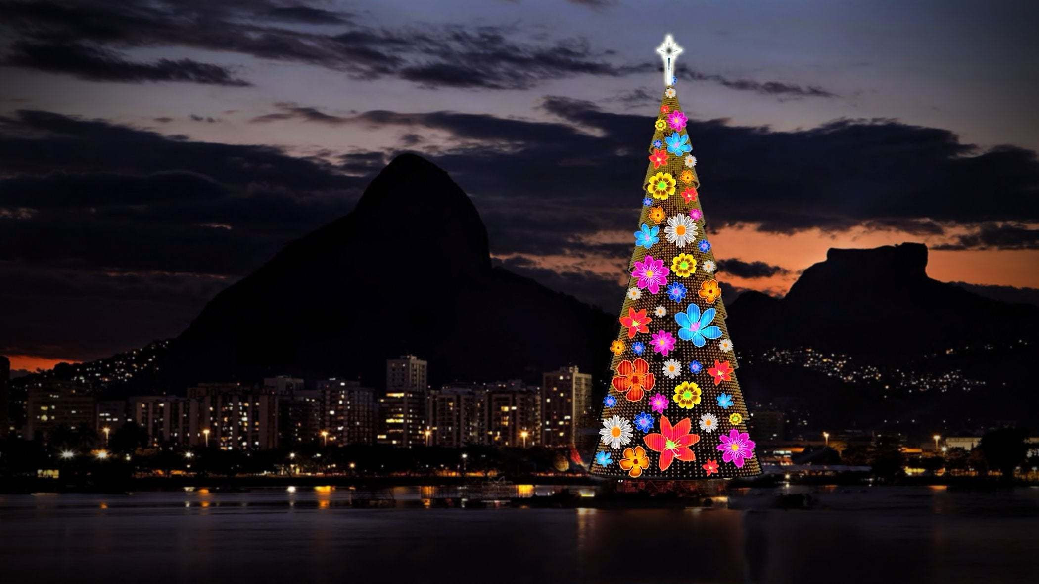 El árbol flotante de Río de Janeiro, iluminado.