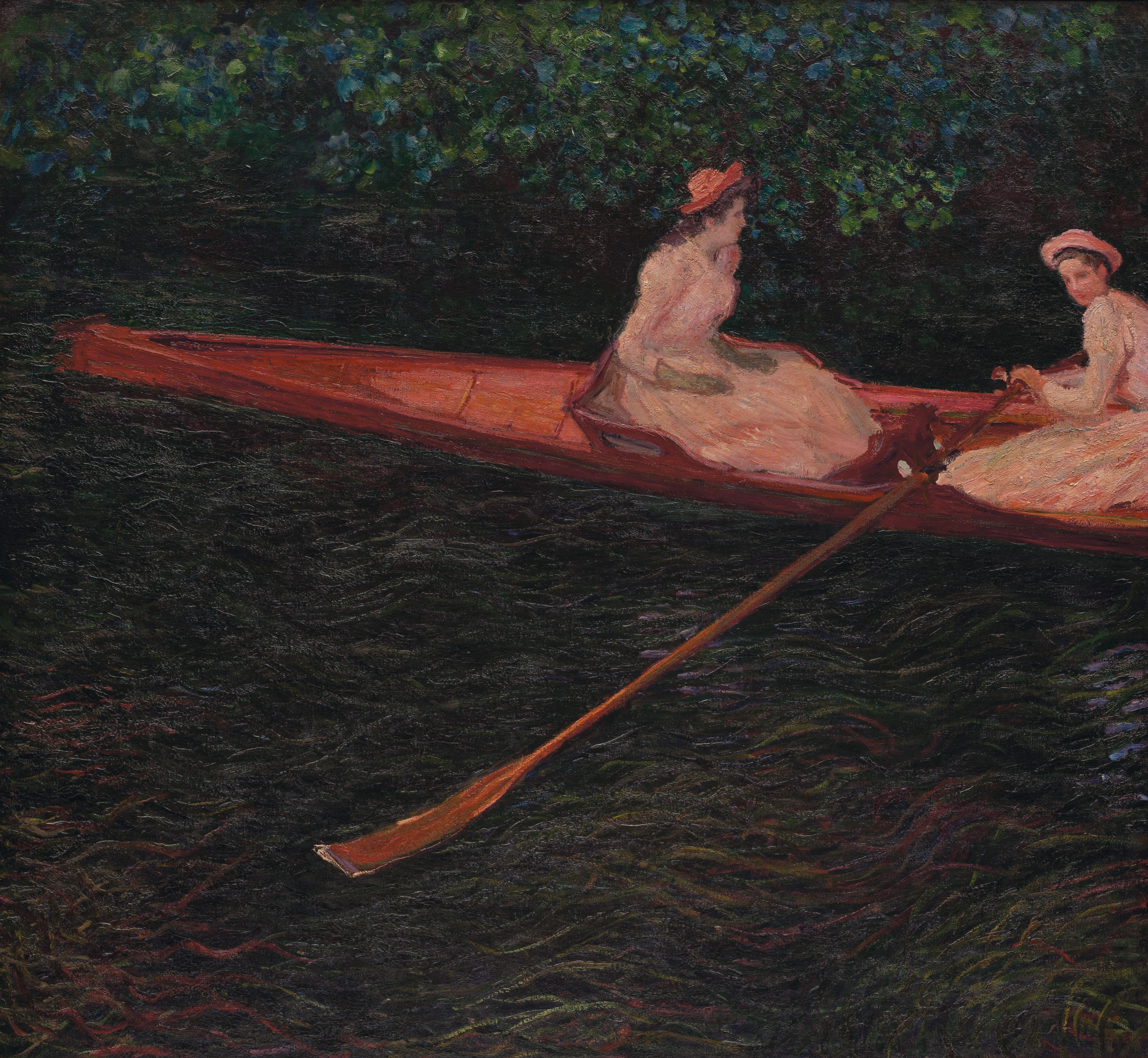 Painting of two women on a rowboat by Claude Monet. Rowing art.