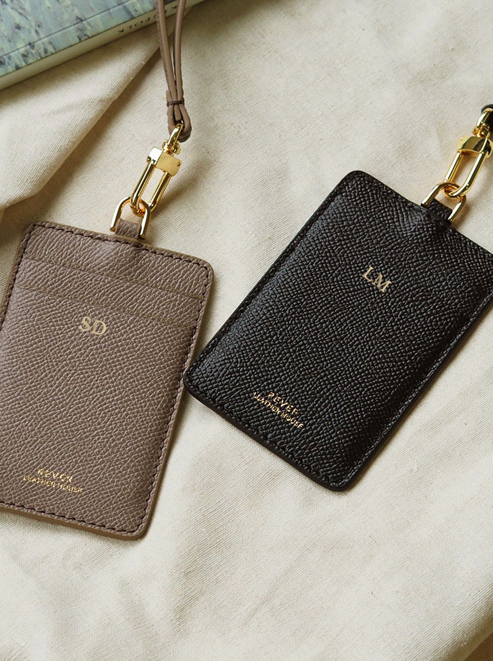 Rever Personalised Fine Leather Goods - Leon Lanyard Card Holder in Taupe and Black German Epsom Leather