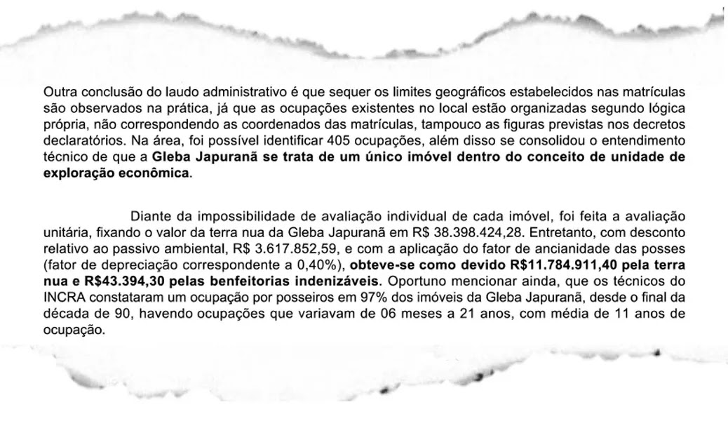 Laudo aponta irregularidades em divisão de matrículas e no pagamento de benfeitorias (Imagem: Incra/De Olho nos Ruralistas).