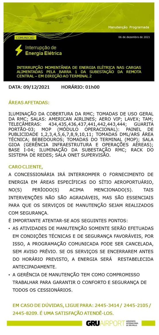 comunicado gru airport - Interrupção momentanea