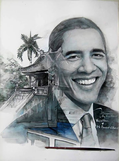 Bức tranh vẽ lồng ghép gương mặt của Obama với Chùa Một Cột (Hà Nội) của anh chàng Võ Quốc Vẹn gây ấn tượng bởi sự kỳ công.