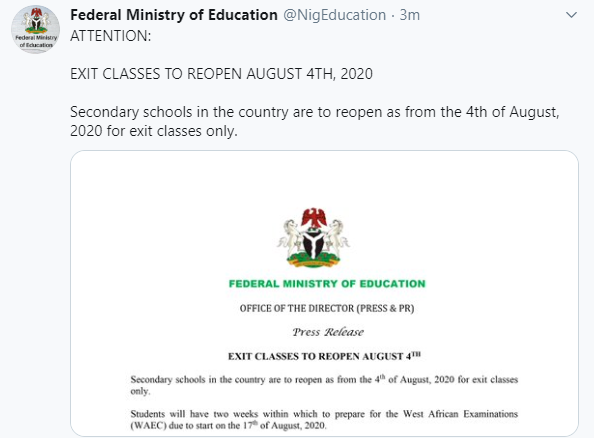 Breaking: Secondary school students in exit classes to resume August 4 for WAEC exams starting August 17