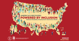 Image of map of United States with about 100 people populated within it and text that reads "America's Recovery: Powered by Inclusion"