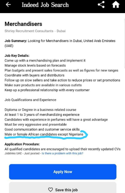 "Candidates of every nationality, except Nigerians, should apply" Mulitple Dubai companies begin rejecting Nigerian job applicants (photos)