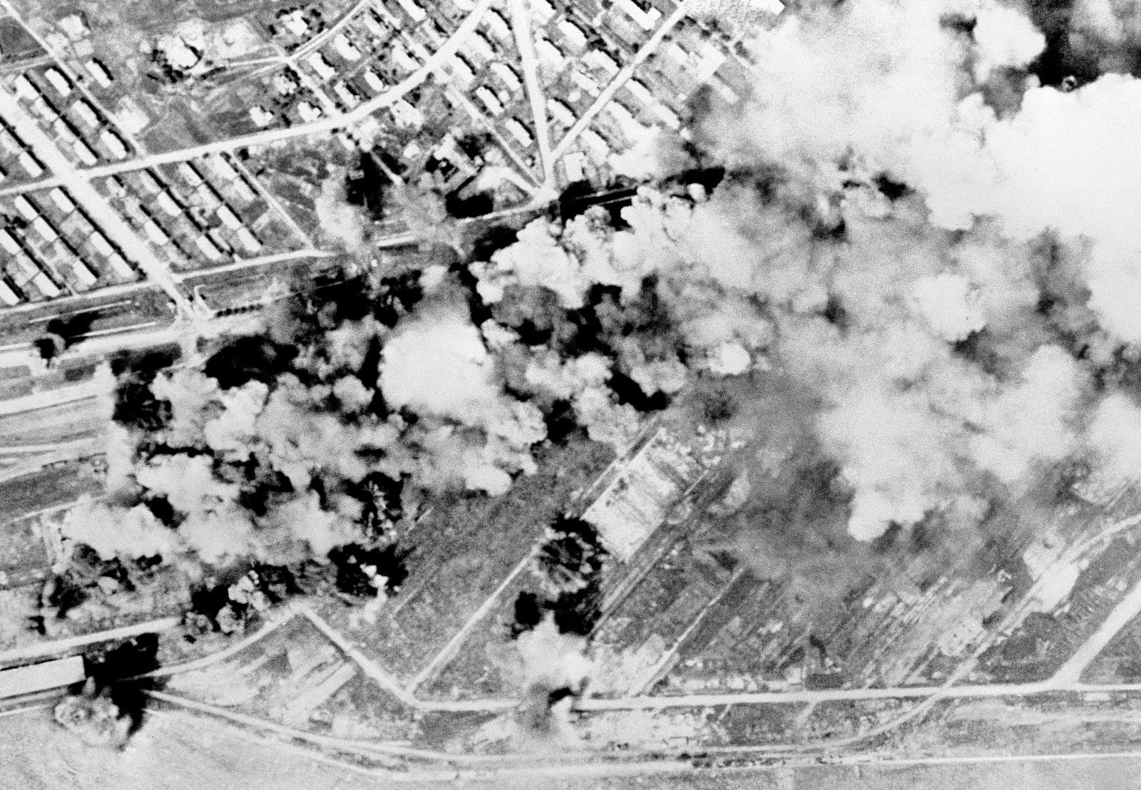 A North Korean rail yard at Rashin turned into a scene of boiling fury after B-29 Superforts dropped a heavy tonnage of high explosives, August 25, 1951. (AP Photo)