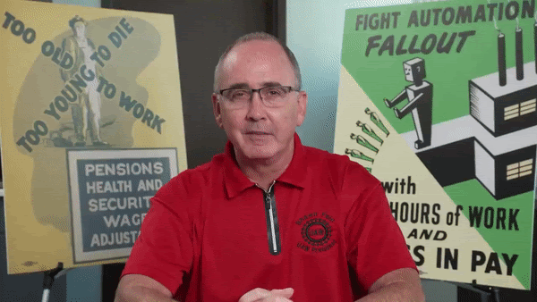 An animated gif of a video clip of UAW President Shawn Fain addressing his union members and the public at the start of their historic Stand Up Strike, in which he says: “Everything working people have ever won, we’ve won together.”