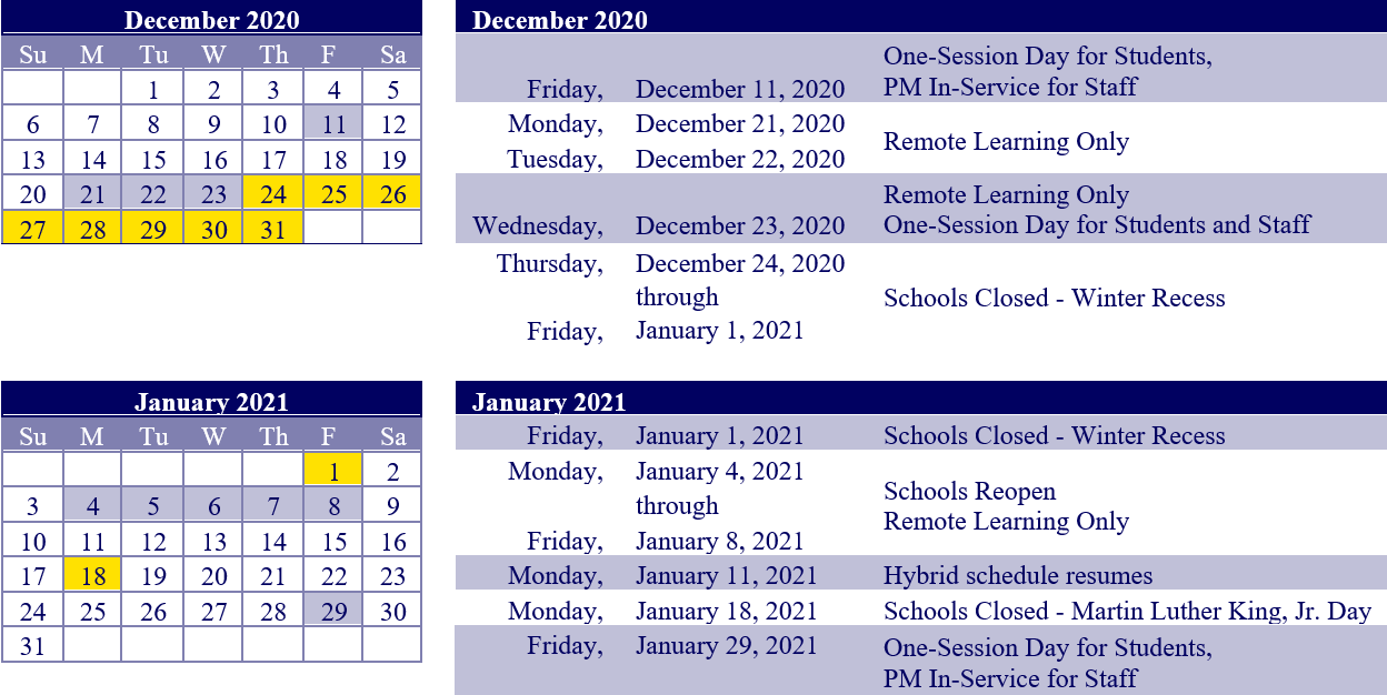 Winter Recess Schedule