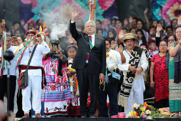 Andres Manuel Lopez Obrador President of Mexico raises his hand during the events of the Presidential Investiture as part of the 65th Mexico...