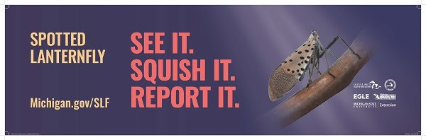 Spotted lanternfly billboard. "See it. Squish it. Report it."
