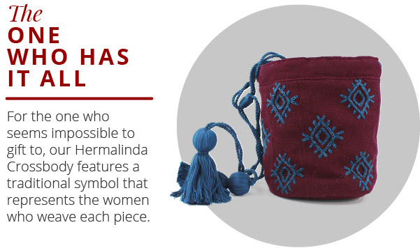The Woman who has it all -  The Hermelinda (mountain dusk)  We know how it goes, there’s always someone on the list who has everything possible you can think of! Our Hermalinda bucket bag features a traditional symbol that represents the woman who weaved the piece. With this extra depth of meaning, this is the perfect piece for the woman who has it all. 