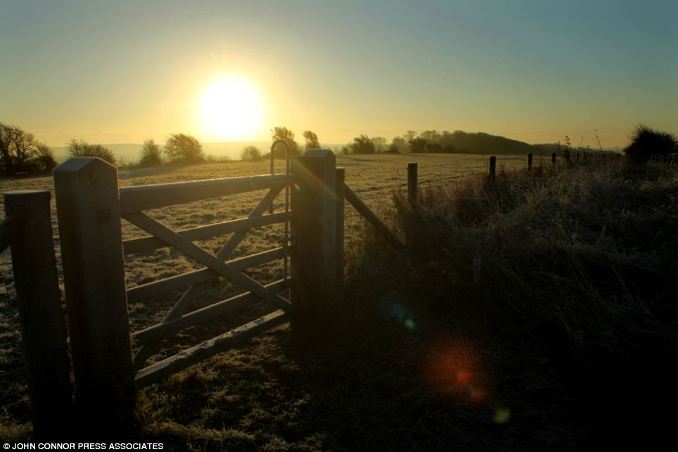 Morning glow: The sun rises over the frosty South Downs near Brighton on the morning of Britain's coldest day of the year - so far