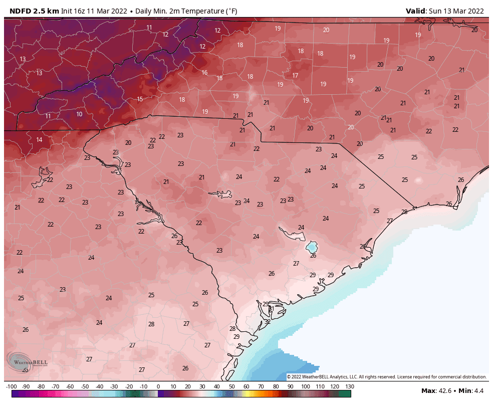 Forecast low temperatures for Sunday morning from the National Weather Service