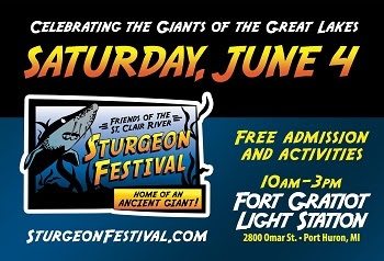 a vintage-style graphic ad in dark teal, black, and bright orange and yellow, for the June 4 Sturgeon Festival in Port Huron
