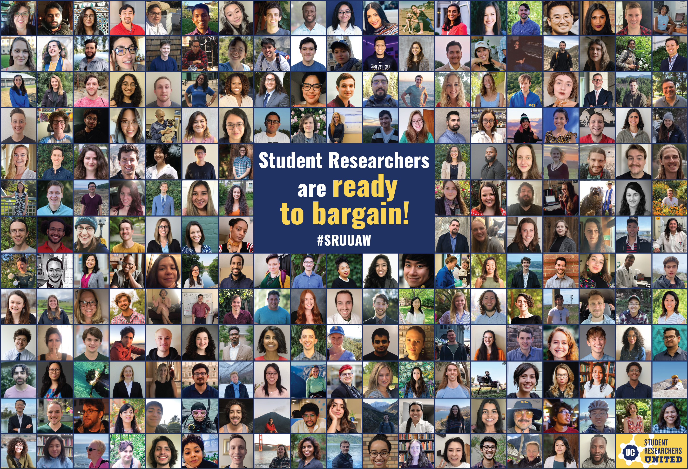 A collage showing hundreds of Student Researchers and the Student Researchers United logo around a block of text that reads, “Student Researchers are ready to bargain! #SRUUAW”.