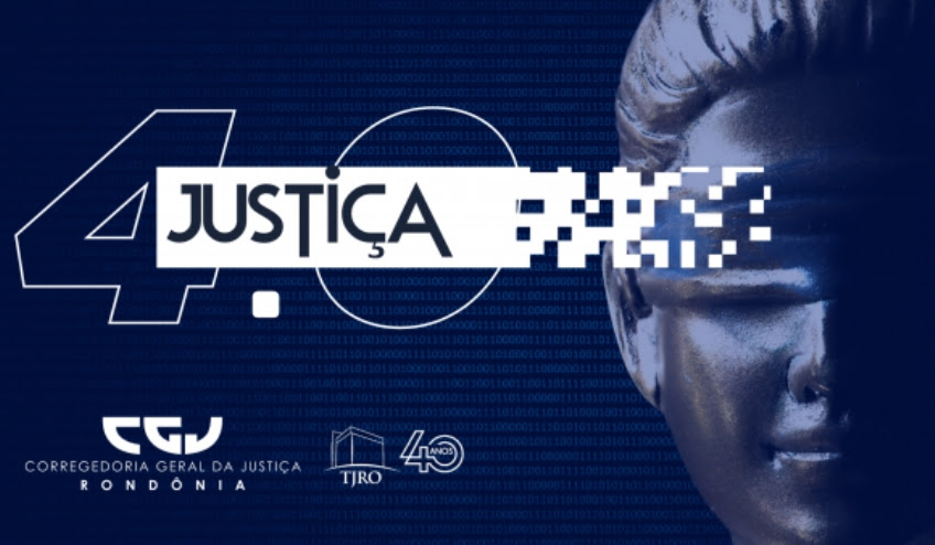 A imagem é um arte gráfica com o rosto da deusa da Justiça, Themis, em um fundo azul e os dizeres Justiça 4.0. Abaixo logos institucionais.