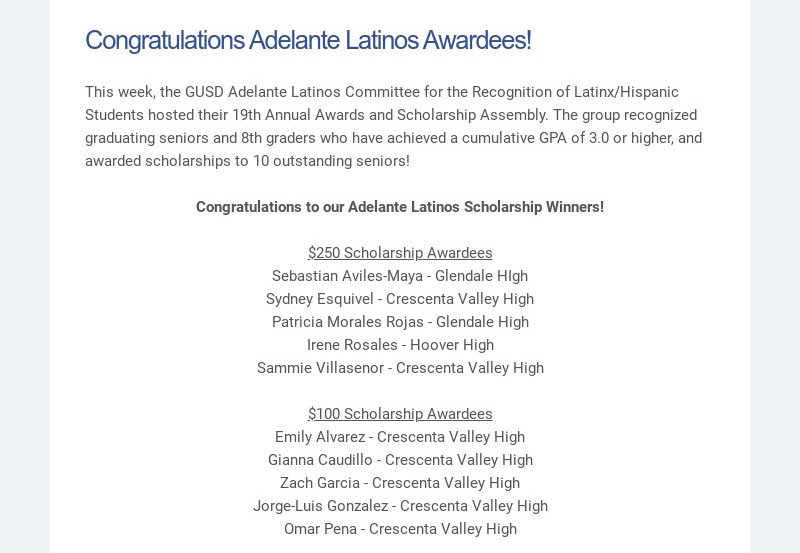 Félicitations aux lauréats Adelante Latinos ! Cette semaine, le comité GUSD Adelante Latinos pour le...