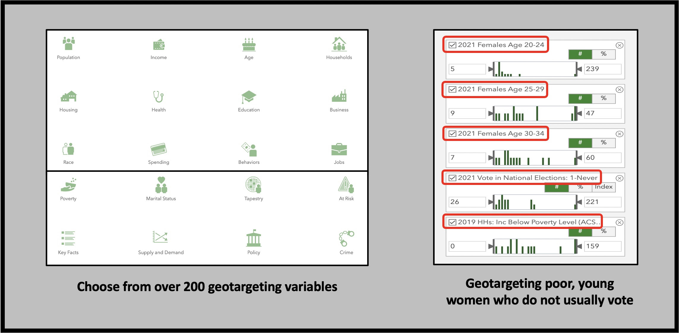 Geotarget poor, young women who do not usually vote with Community Analyst.